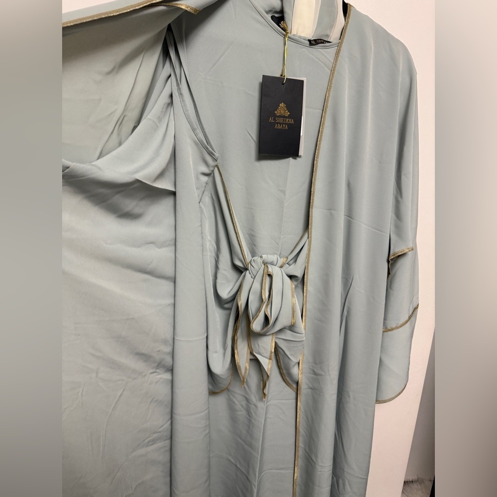 3 Piece set with shawl Light Sage Long Sleeve Maxi Dress with Waist Tie - Picture 2 of 8